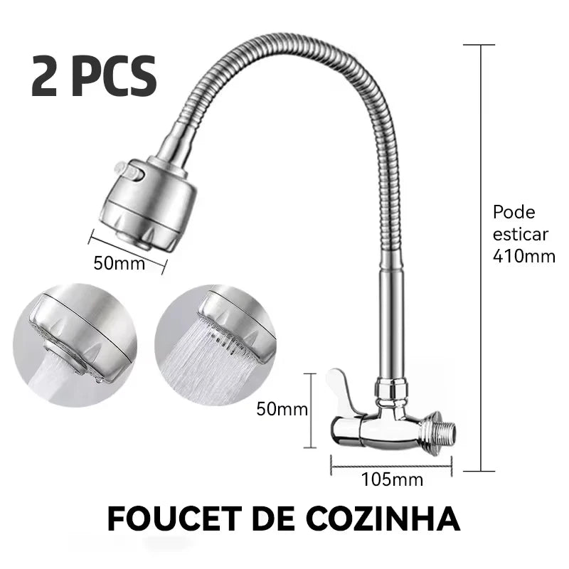 Torneira De Cozinha De Parede Flexível Prata Com Cabeça De Pulverizador