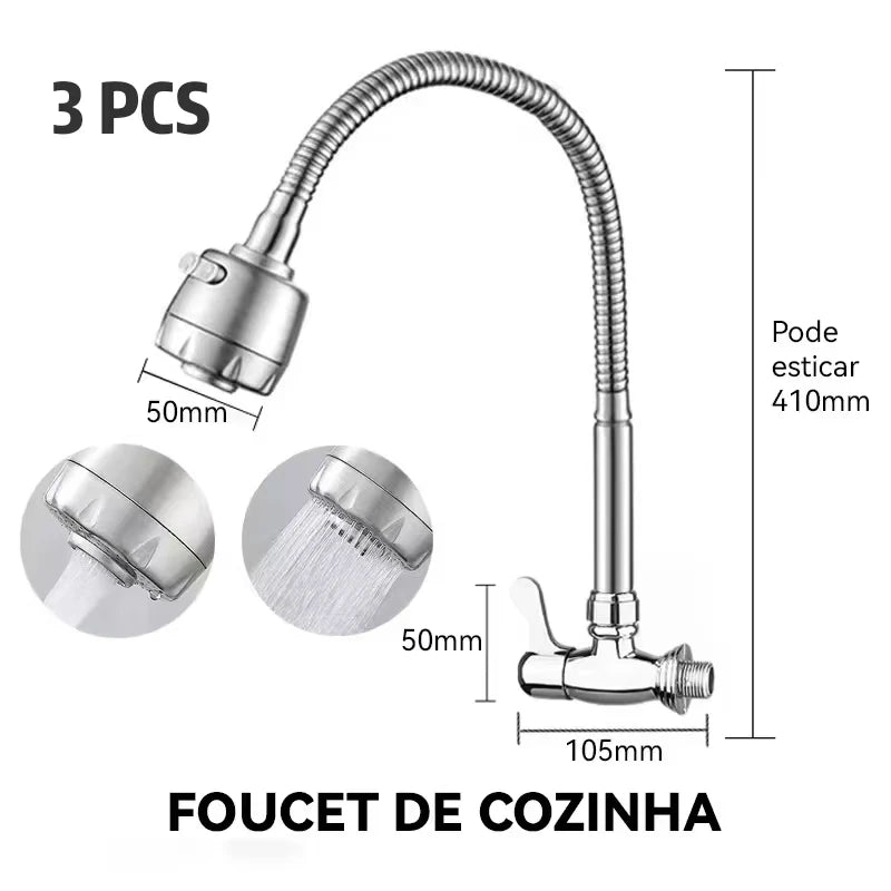 Torneira De Cozinha De Parede Flexível Prata Com Cabeça De Pulverizador