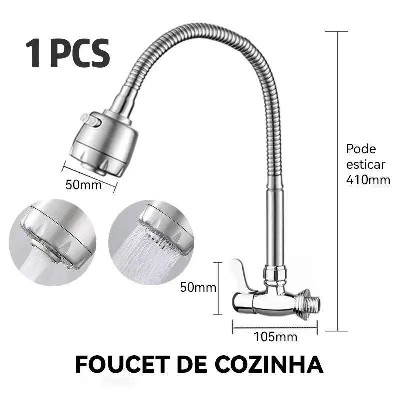 Torneira De Cozinha De Parede Flexível Prata Com Cabeça De Pulverizador