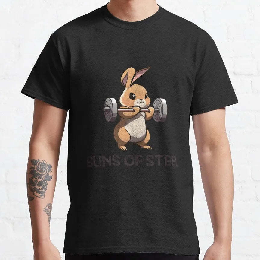 Buns Of Steel Funny Rabbit Crossfit T Shirt  weightlifting GYM bunny 100% Cotton bodybuilding lift weights muscle Clothes