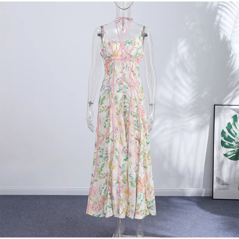 Elegant Printed Women's Dress Sleeveless Halter Waist-Closed A-Line Lady Dresses 2026 Spring Summer Fashion Female Vacation Robe