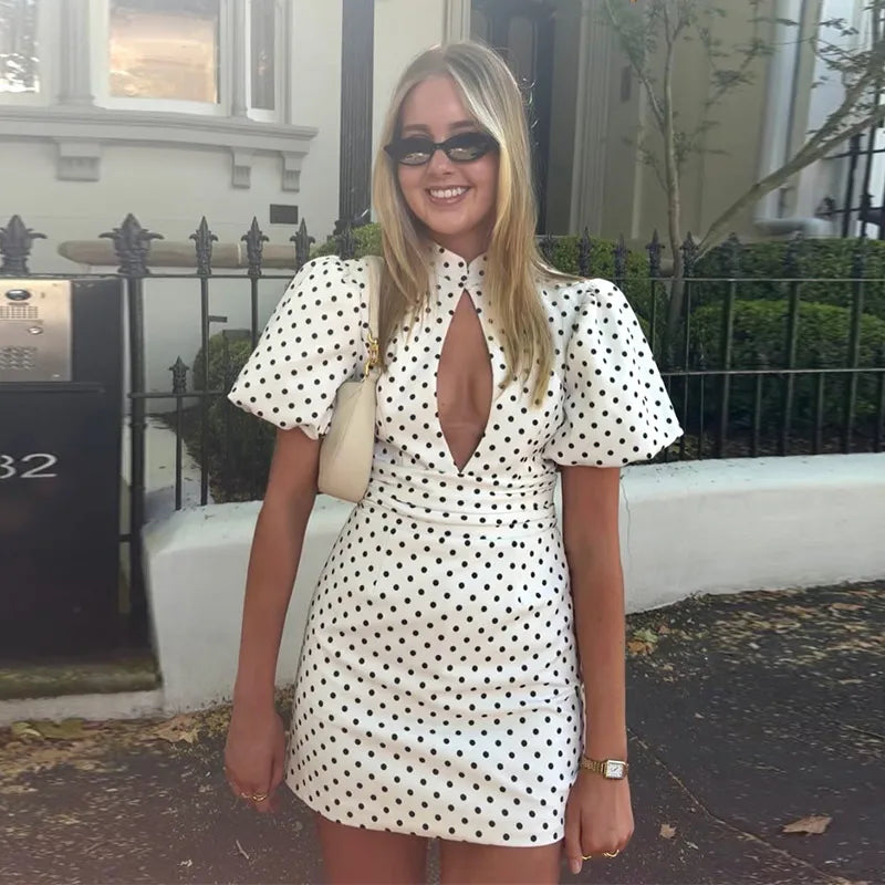 Elegant Polk Dot Women's Dress Short Sleeve Hollow Out Hip Package Lady Mini Dresses 2026 Spring Summer Chic Female Holiday Robe