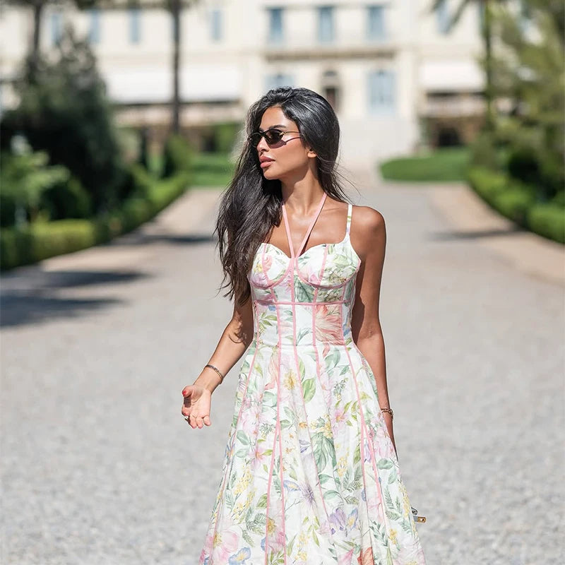 Elegant Printed Women's Dress Sleeveless Halter Waist-Closed A-Line Lady Dresses 2026 Spring Summer Fashion Female Vacation Robe