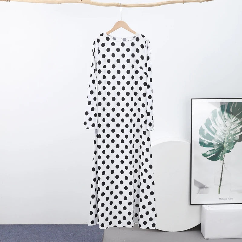 Casual Polka Dot Dress Women's Slim O-neck Full Sleeve High-Waisted Floor-Length Dresses 2025 Spring Autumn New Fashion Robes