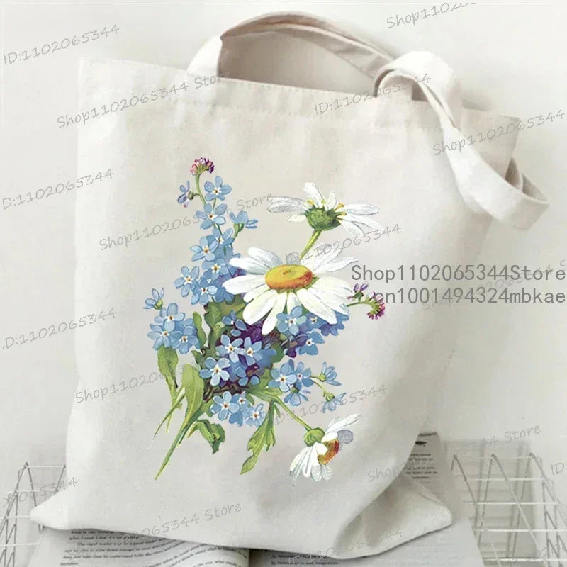 Fashion Canvas Tote Bag Oil Painting Wildflowers Print Lady Shoulder Shopping Bag Plant Style Daisy Vintage Flower Women Handbag
