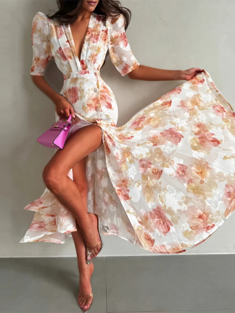 Women Polka Dot Waist V-Neck Maxi Dress Puff Sleeve Slightly Flare Vintage Sweet 2025 Summer Fashion Robe Holiday Party VestidoS