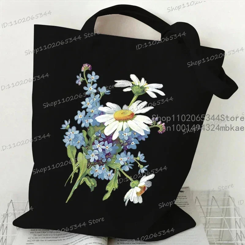 Fashion Canvas Tote Bag Oil Painting Wildflowers Print Lady Shoulder Shopping Bag Plant Style Daisy Vintage Flower Women Handbag