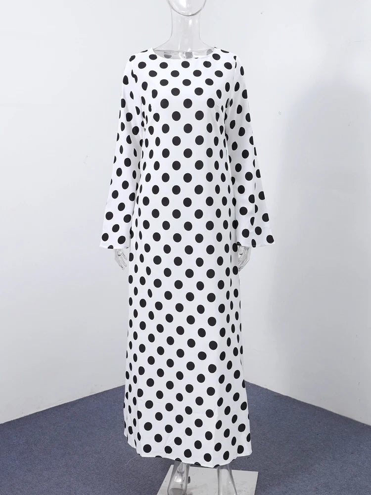 Casual Polka Dot Dress Women's Slim O-neck Full Sleeve High-Waisted Floor-Length Dresses 2025 Spring Autumn New Fashion Robes