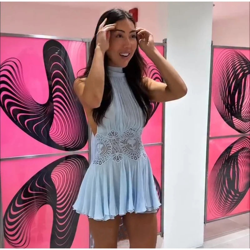 Halter Neck Ribbed Knit Lace Waist Cutout Back Skater Mini Dress Sleeveless Contrast Lace 2026 Summer Women  Party Mini Dress