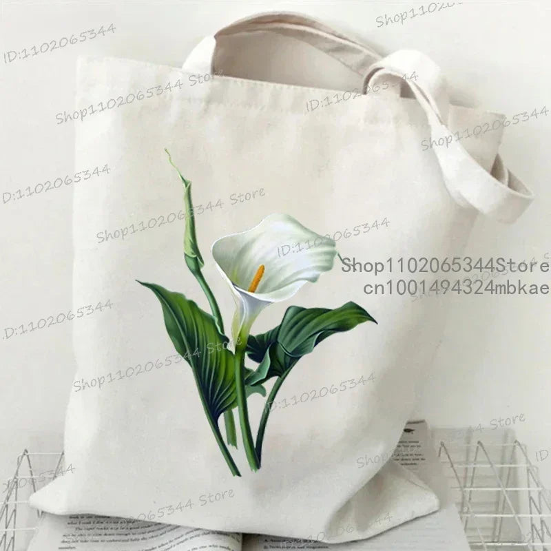 Fashion Canvas Tote Bag Oil Painting Wildflowers Print Lady Shoulder Shopping Bag Plant Style Daisy Vintage Flower Women Handbag