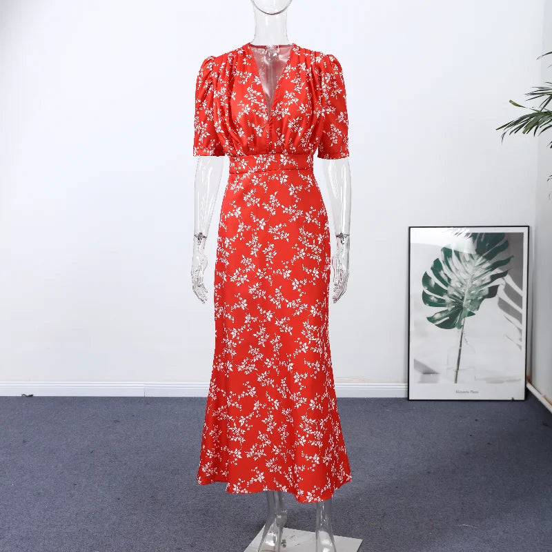 Women Polka Dot Waist V-Neck Maxi Dress Puff Sleeve Slightly Flare Vintage Sweet 2025 Summer Fashion Robe Holiday Party VestidoS