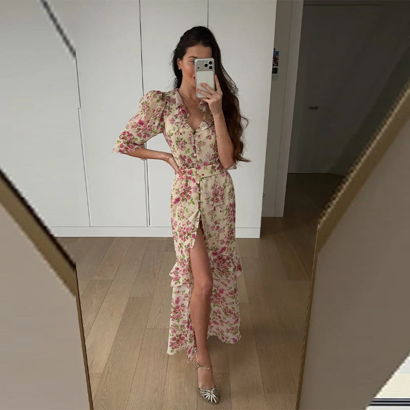 Women Polka Dot Waist V-Neck Maxi Dress Puff Sleeve Slightly Flare Vintage Sweet 2025 Summer Fashion Robe Holiday Party VestidoS
