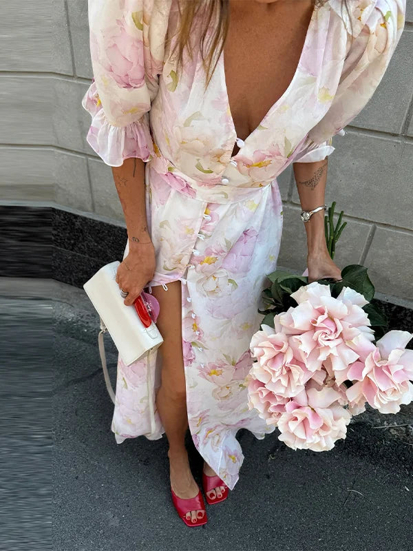 Women Polka Dot Waist V-Neck Maxi Dress Puff Sleeve Slightly Flare Vintage Sweet 2025 Summer Fashion Robe Holiday Party VestidoS