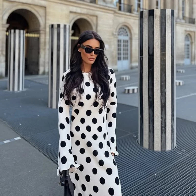 Casual Polka Dot Dress Women's Slim O-neck Full Sleeve High-Waisted Floor-Length Dresses 2025 Spring Autumn New Fashion Robes