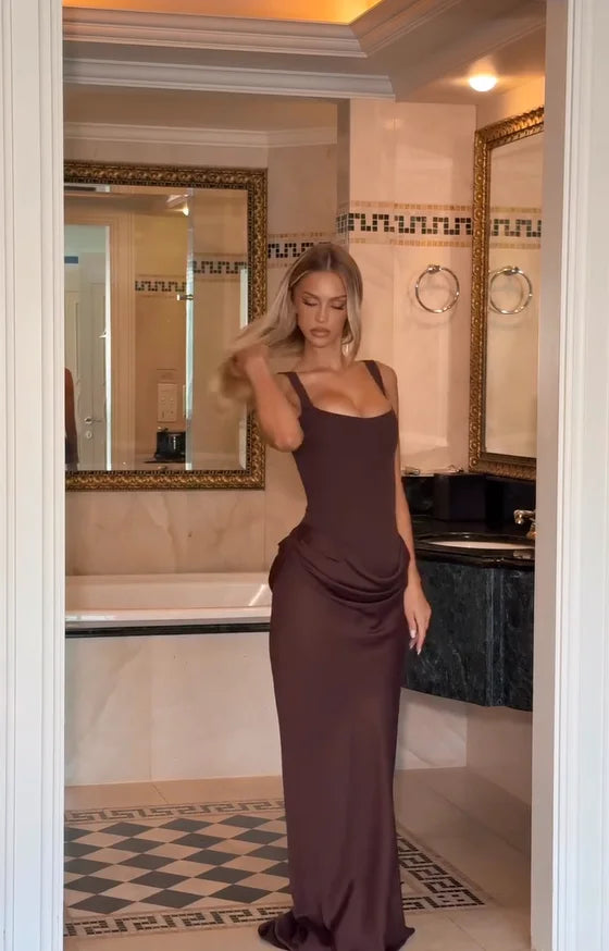Solid Pleated Sling Dress Women Square Neck Sleeveless Off-shoulder Waist Cinching Slim Dresses 2026 Lady Evening Party Gowns