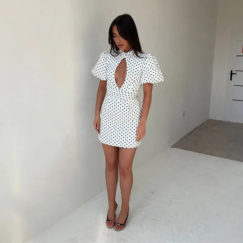 Elegant Polk Dot Women's Dress Short Sleeve Hollow Out Hip Package Lady Mini Dresses 2026 Spring Summer Chic Female Holiday Robe