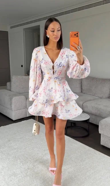 Women Printed Waistband Puff Sleeve Satin Dress Elegant Waist Cinched V-neck Buttons Dresses 2026 Holiday Summer Short Vestido