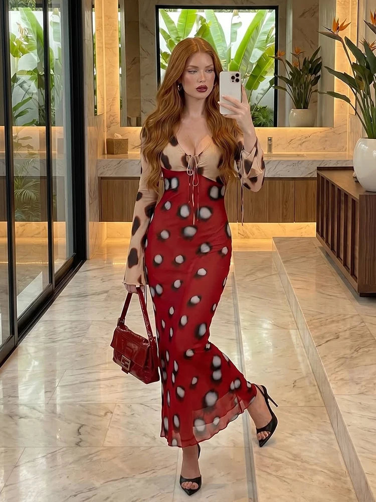 Sexy Printed Polka Dot Dress Retro Sheer Turn-down Collar Button Detachable Scarf Robe 2026 Summer Chic Y2k Women Casual Dresses