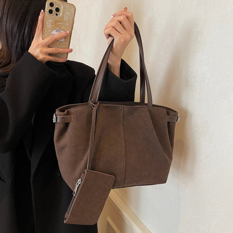 Suede Shoulder Bags for Women Large Suede Totes Lightweight Underarm Bag Casual Shopper Handbag Solid Color Travel Bucket Bags