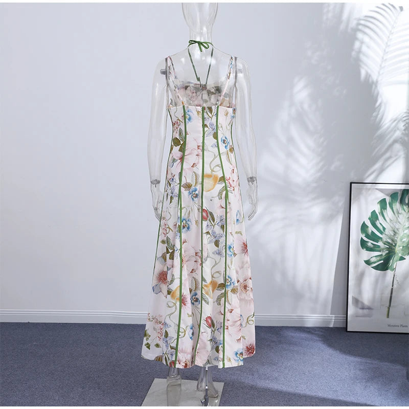 Elegant Printed Women's Dress Sleeveless Halter Waist-Closed A-Line Lady Dresses 2026 Spring Summer Fashion Female Vacation Robe