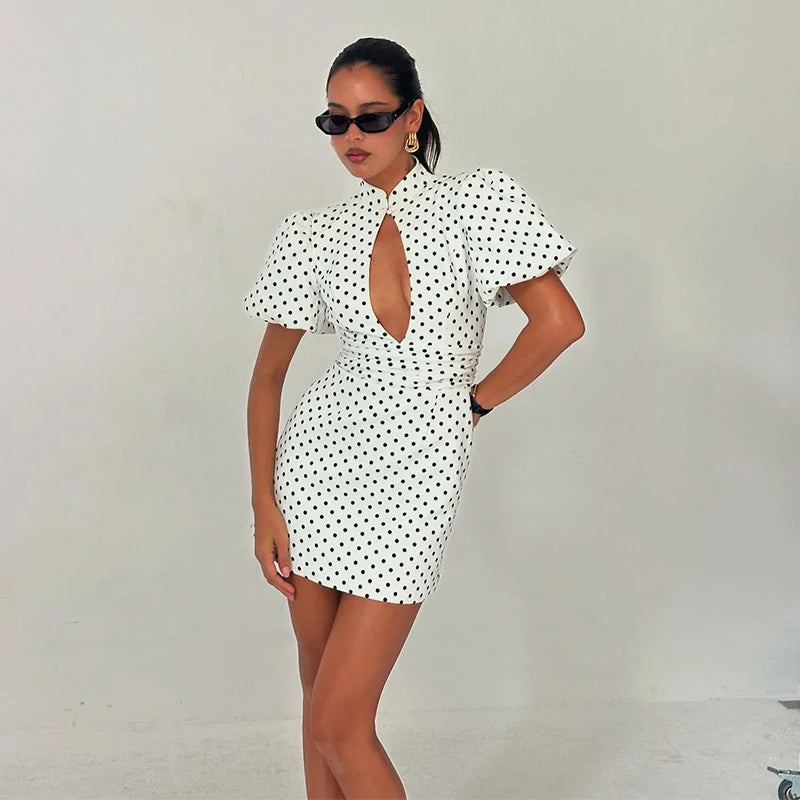 Elegant Polk Dot Women's Dress Short Sleeve Hollow Out Hip Package Lady Mini Dresses 2026 Spring Summer Chic Female Holiday Robe