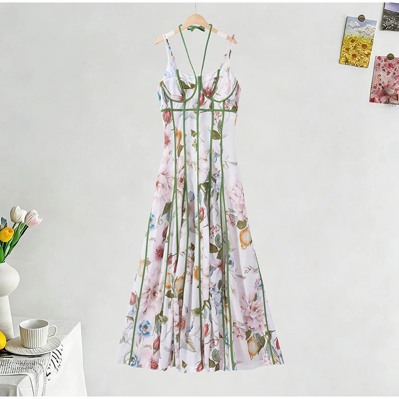 Elegant Printed Women's Dress Sleeveless Halter Waist-Closed A-Line Lady Dresses 2026 Spring Summer Fashion Female Vacation Robe