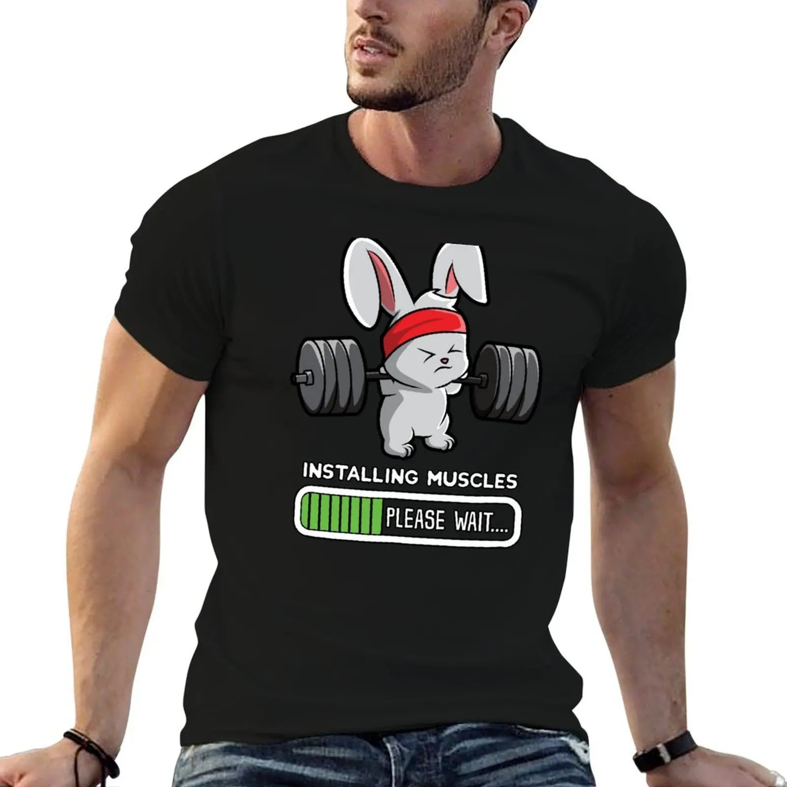 Bunny Fitness Gym Workout Installing Muscles T-Shirt Stretch Fabric Comfort T-Shirt