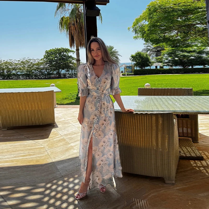 Women Polka Dot Waist V-Neck Maxi Dress Puff Sleeve Slightly Flare Vintage Sweet 2025 Summer Fashion Robe Holiday Party VestidoS