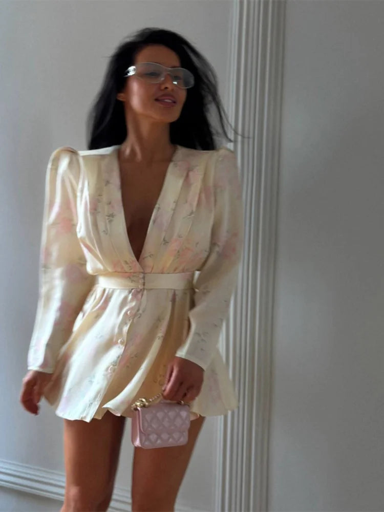 Women Printed Waistband Puff Sleeve Satin Dress Elegant Waist Cinched V-neck Buttons Dresses 2026 Holiday Summer Short Vestido