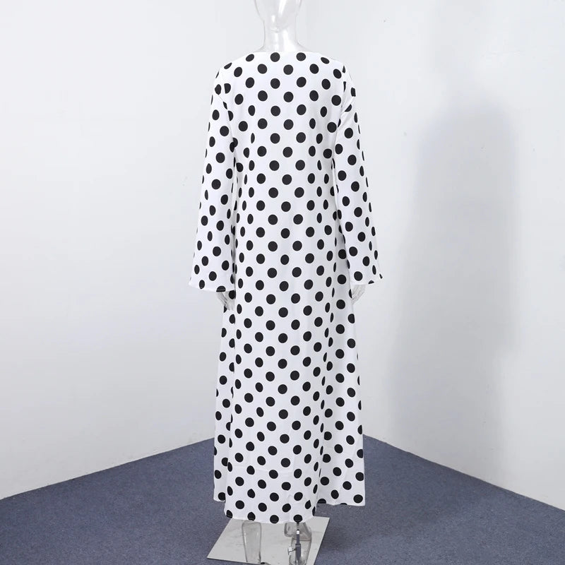 Casual Polka Dot Dress Women's Slim O-neck Full Sleeve High-Waisted Floor-Length Dresses 2025 Spring Autumn New Fashion Robes