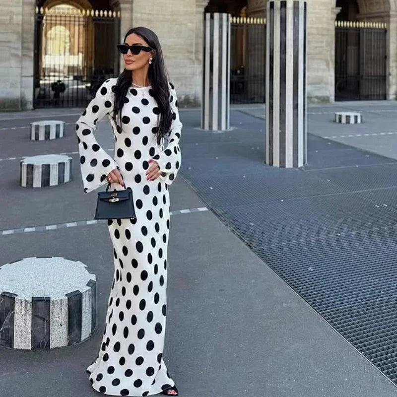 Casual Polka Dot Dress Women's Slim O-neck Full Sleeve High-Waisted Floor-Length Dresses 2025 Spring Autumn New Fashion Robes