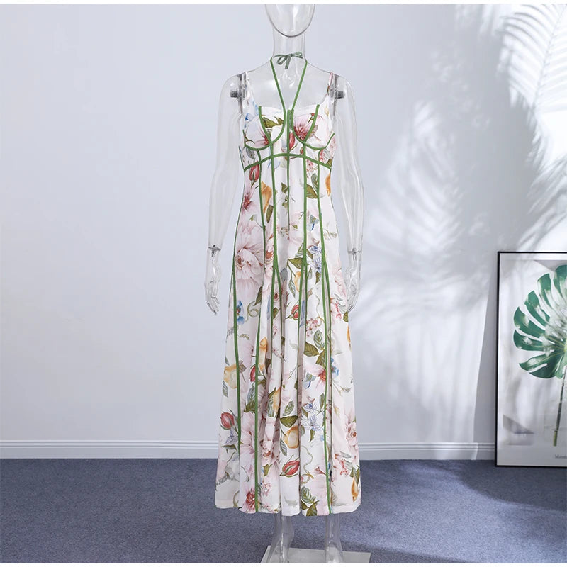 Elegant Printed Women's Dress Sleeveless Halter Waist-Closed A-Line Lady Dresses 2026 Spring Summer Fashion Female Vacation Robe