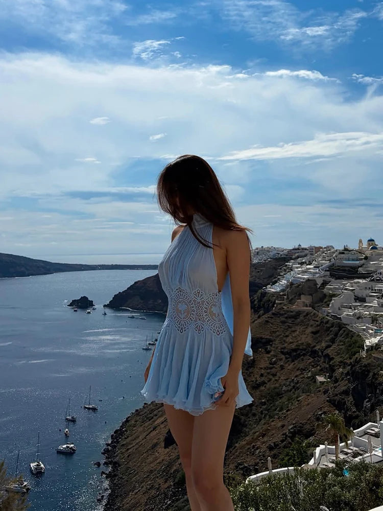 Sexy Hollow Out Solid Women Min Dress Beach Pleated Lace Up Backless Sleeveless Female Dresses 2026 Summer Lady Robe New