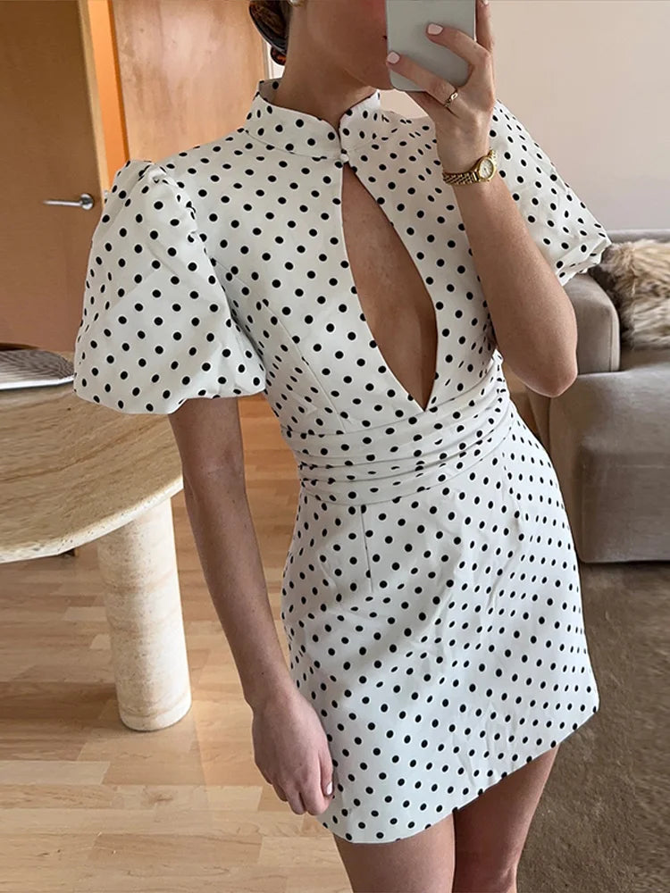 Elegant Polk Dot Women's Dress Short Sleeve Hollow Out Hip Package Lady Mini Dresses 2026 Spring Summer Chic Female Holiday Robe