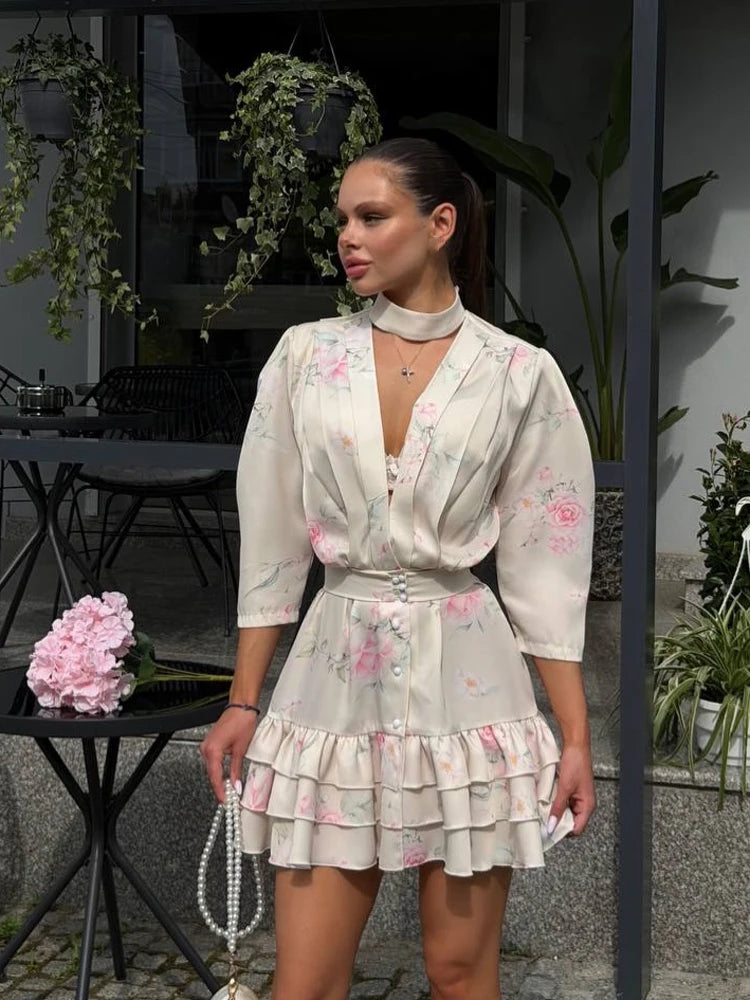 Women Printed Waistband Puff Sleeve Satin Dress Elegant Waist Cinched V-neck Buttons Dresses 2026 Holiday Summer Short Vestido