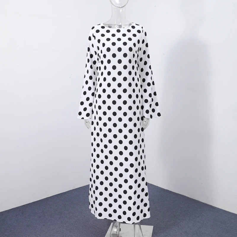 Casual Polka Dot Dress Women's Slim O-neck Full Sleeve High-Waisted Floor-Length Dresses 2025 Spring Autumn New Fashion Robes