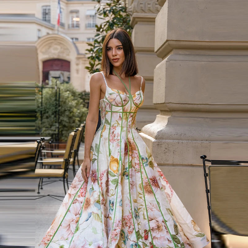 Elegant Printed Women's Dress Sleeveless Halter Waist-Closed A-Line Lady Dresses 2026 Spring Summer Fashion Female Vacation Robe