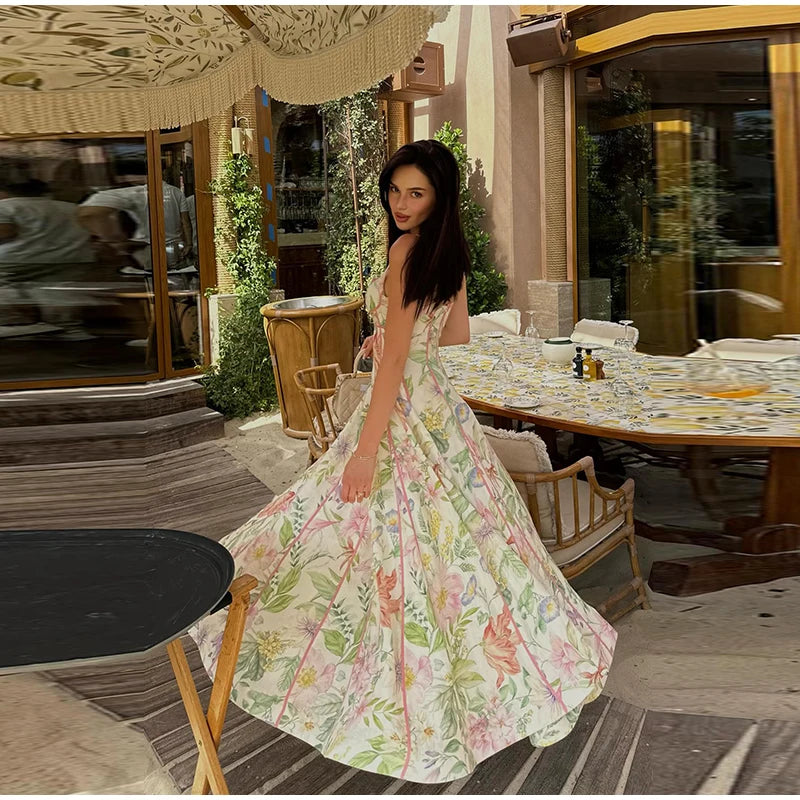 Elegant Printed Women's Dress Sleeveless Halter Waist-Closed A-Line Lady Dresses 2026 Spring Summer Fashion Female Vacation Robe