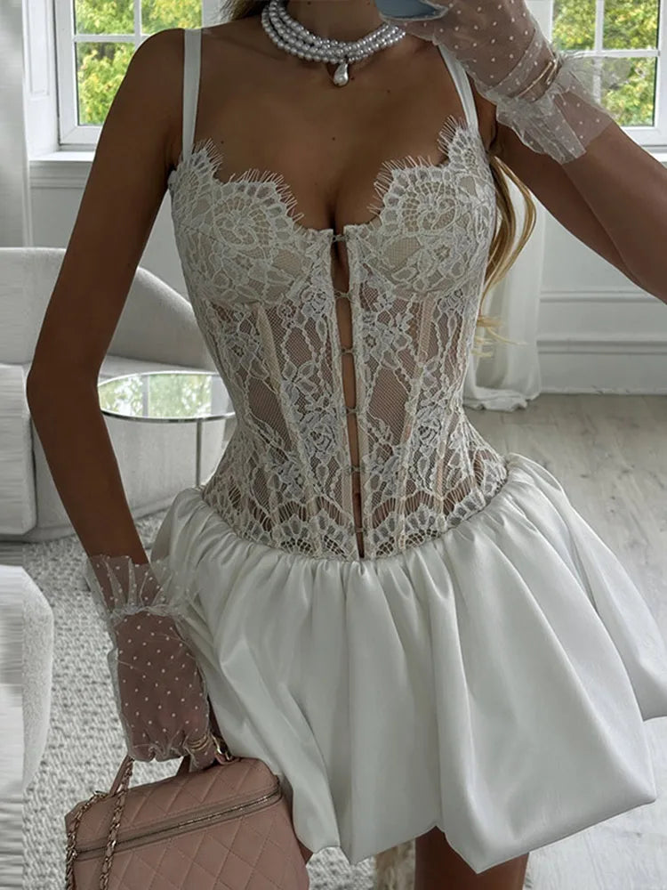 Sexy Fishbone Corset Mini Dress Women Hollow Out Backless Bandage Bubble A Line Vestidos Female 2025 Chic Party Festival Dresses