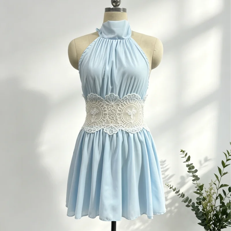 Halter Neck Ribbed Knit Lace Waist Cutout Back Skater Mini Dress Sleeveless Contrast Lace 2026 Summer Women  Party Mini Dress