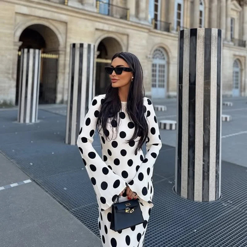 Casual Polka Dot Dress Women's Slim O-neck Full Sleeve High-Waisted Floor-Length Dresses 2025 Spring Autumn New Fashion Robes