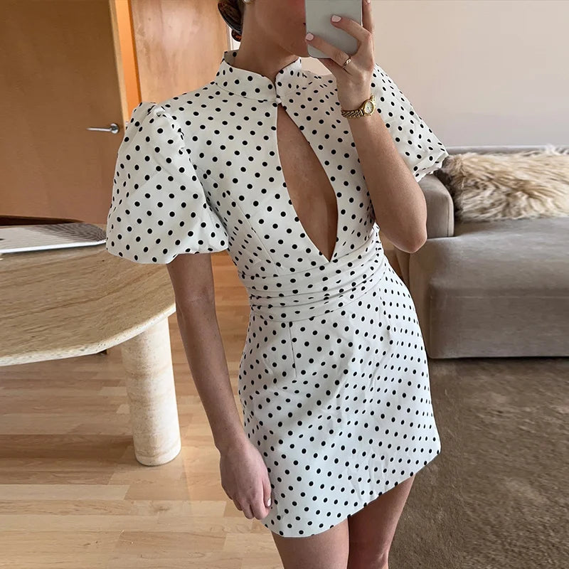 Elegant Polk Dot Women's Dress Short Sleeve Hollow Out Hip Package Lady Mini Dresses 2026 Spring Summer Chic Female Holiday Robe