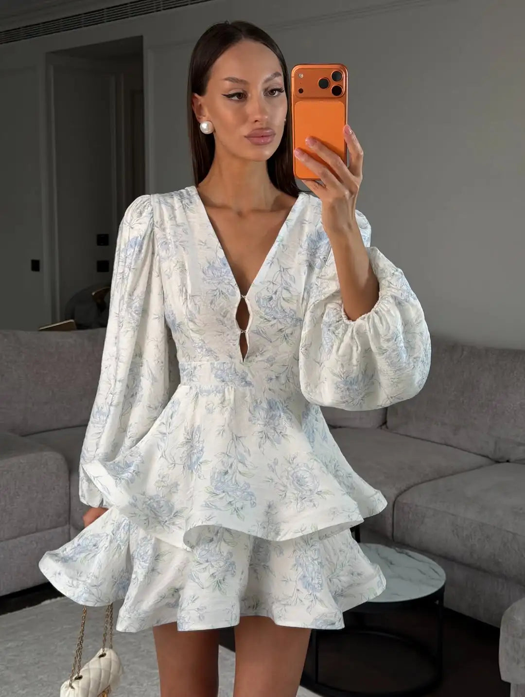 Women Printed Waistband Puff Sleeve Satin Dress Elegant Waist Cinched V-neck Buttons Dresses 2026 Holiday Summer Short Vestido