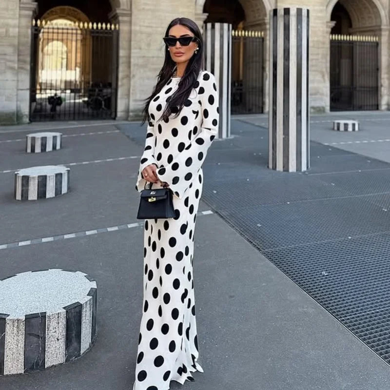 Casual Polka Dot Dress Women's Slim O-neck Full Sleeve High-Waisted Floor-Length Dresses 2025 Spring Autumn New Fashion Robes