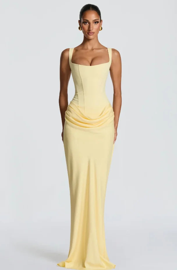 Solid Pleated Sling Dress Women Square Neck Sleeveless Off-shoulder Waist Cinching Slim Dresses 2026 Lady Evening Party Gowns