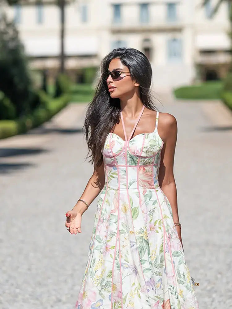 Elegant Printed Women's Dress Sleeveless Halter Waist-Closed A-Line Lady Dresses 2026 Spring Summer Fashion Female Vacation Robe