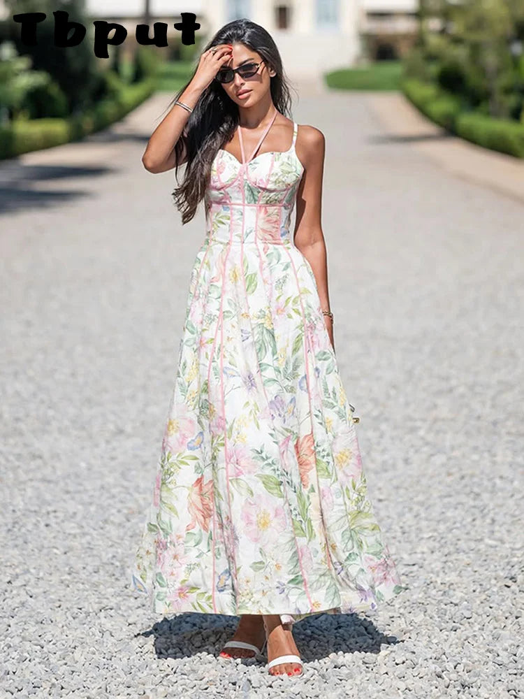 Elegant Printed Women's Dress Sleeveless Halter Waist-Closed A-Line Lady Dresses 2026 Spring Summer Fashion Female Vacation Robe