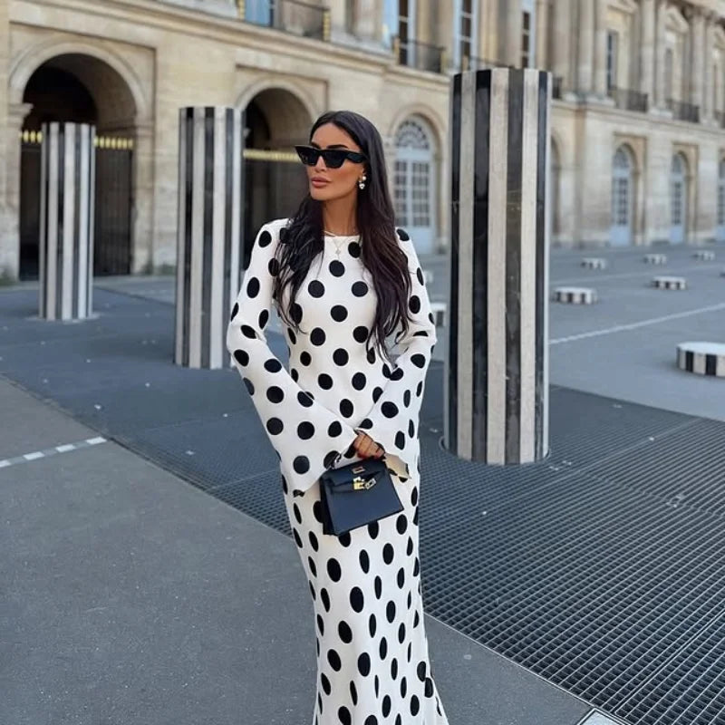 Casual Polka Dot Dress Women's Slim O-neck Full Sleeve High-Waisted Floor-Length Dresses 2025 Spring Autumn New Fashion Robes