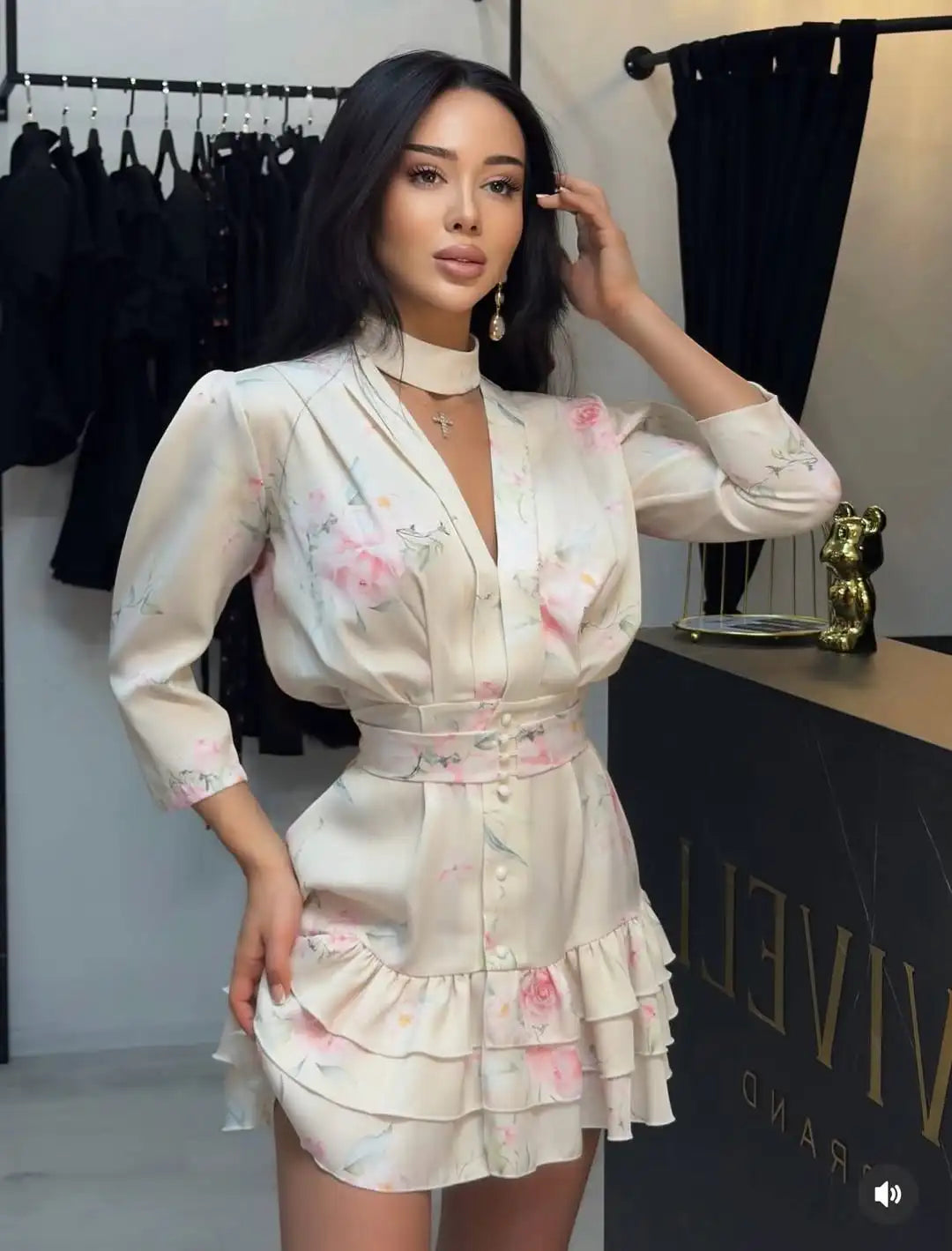 Women Printed Waistband Puff Sleeve Satin Dress Elegant Waist Cinched V-neck Buttons Dresses 2026 Holiday Summer Short Vestido
