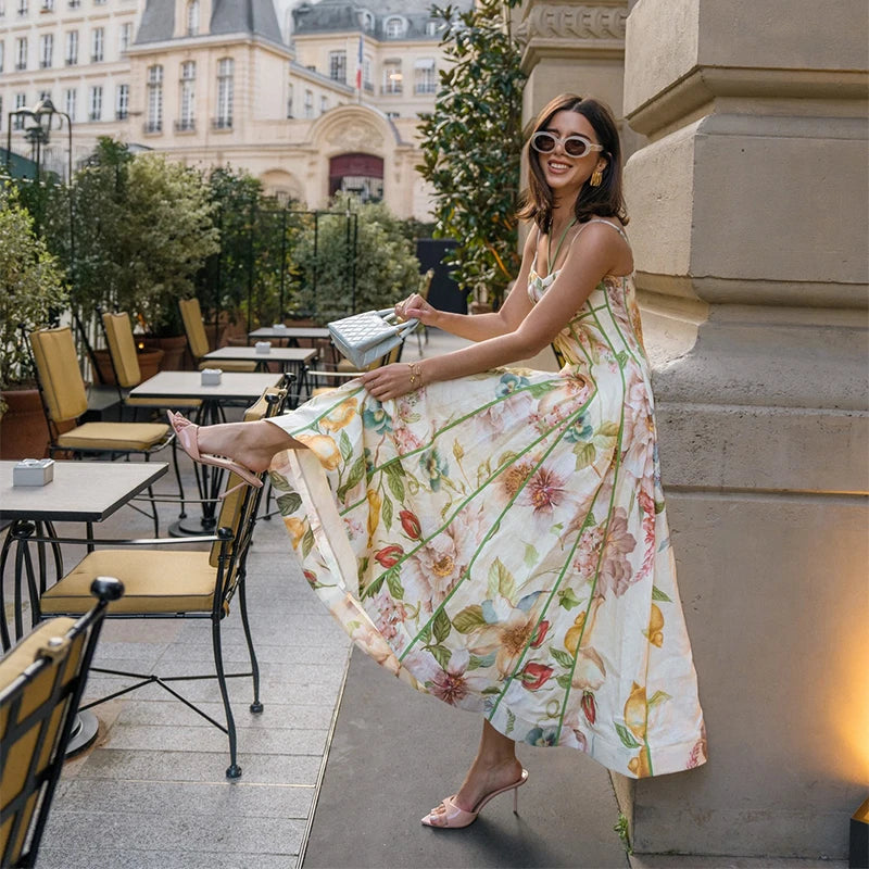 Elegant Printed Women's Dress Sleeveless Halter Waist-Closed A-Line Lady Dresses 2026 Spring Summer Fashion Female Vacation Robe